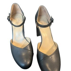 Naturalizer Bandele Black Leather Ankle-Strap Block Heel Pumps